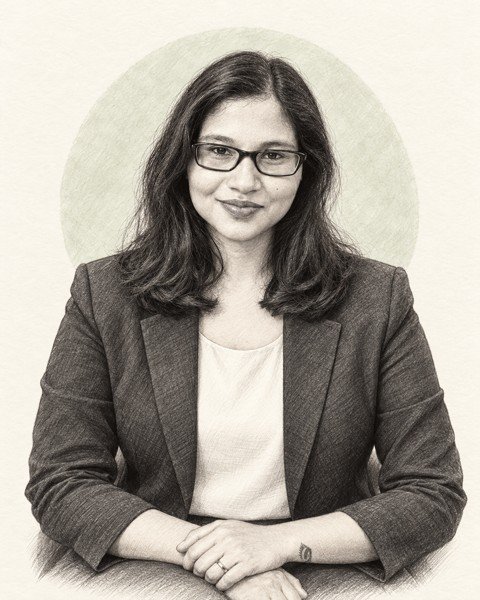 Pencil-style portrait of Aiswarya Pavan