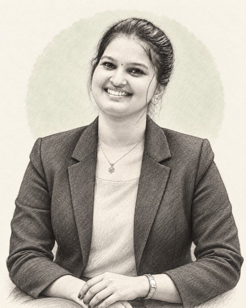 Pencil-style portrait of Mithra Ashtamoorthy